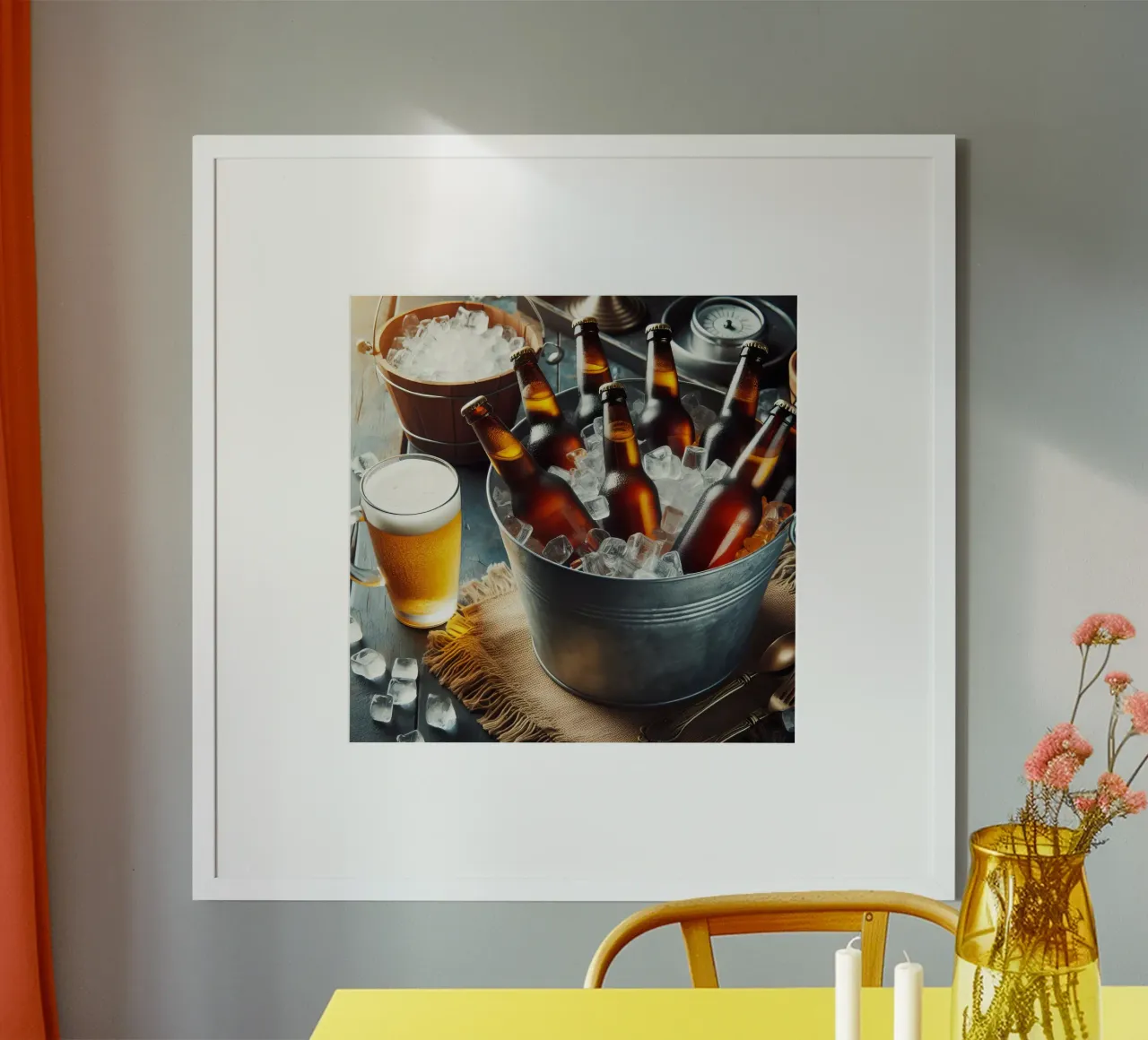 Bottiglie di birra nel secchio con ghiaccio. poster con telaio in plastica da 🥩 The tasty wall