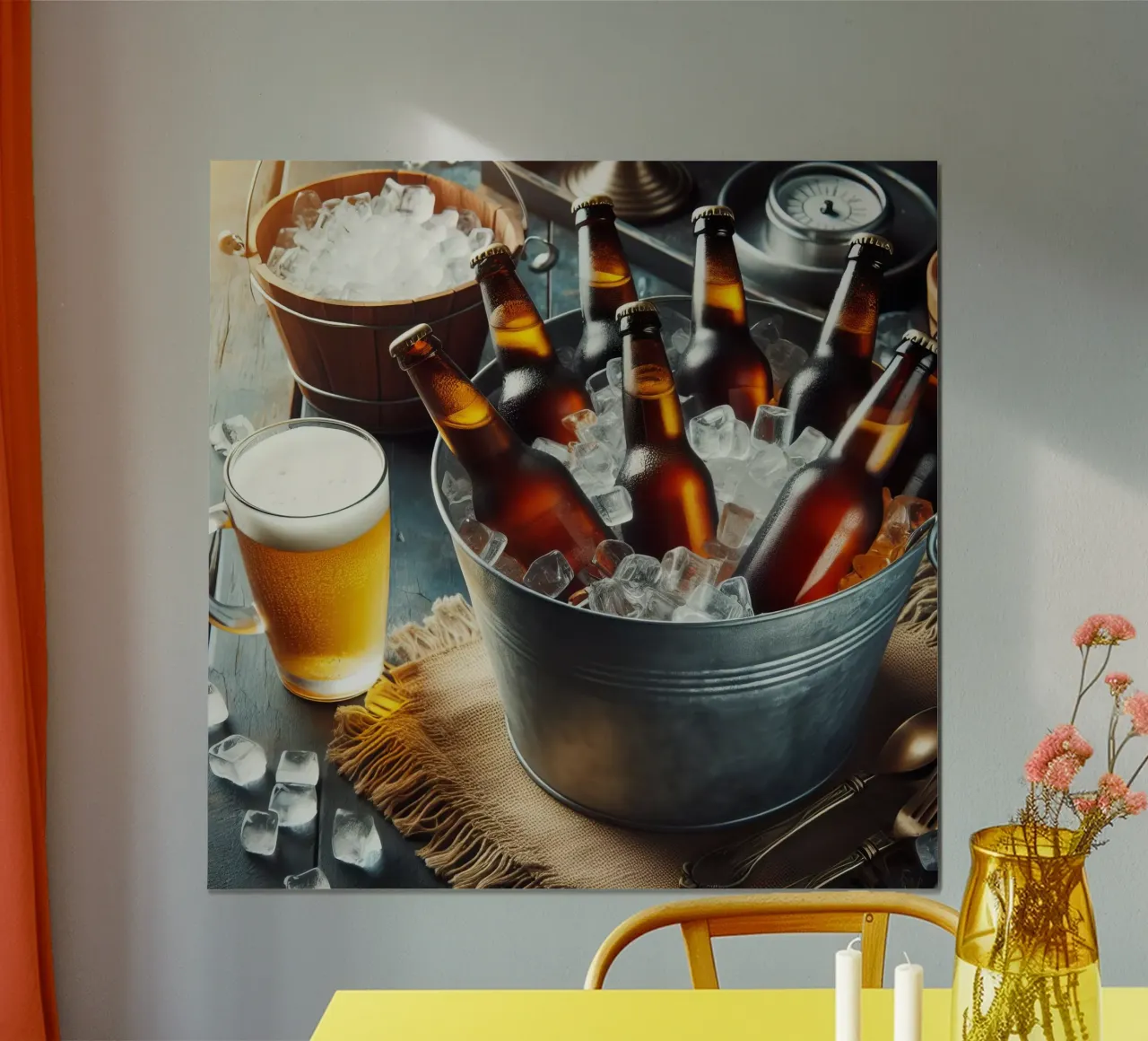 Bottiglie di birra nel secchio con ghiaccio. poster con telaio in plastica da 🥩 The tasty wall