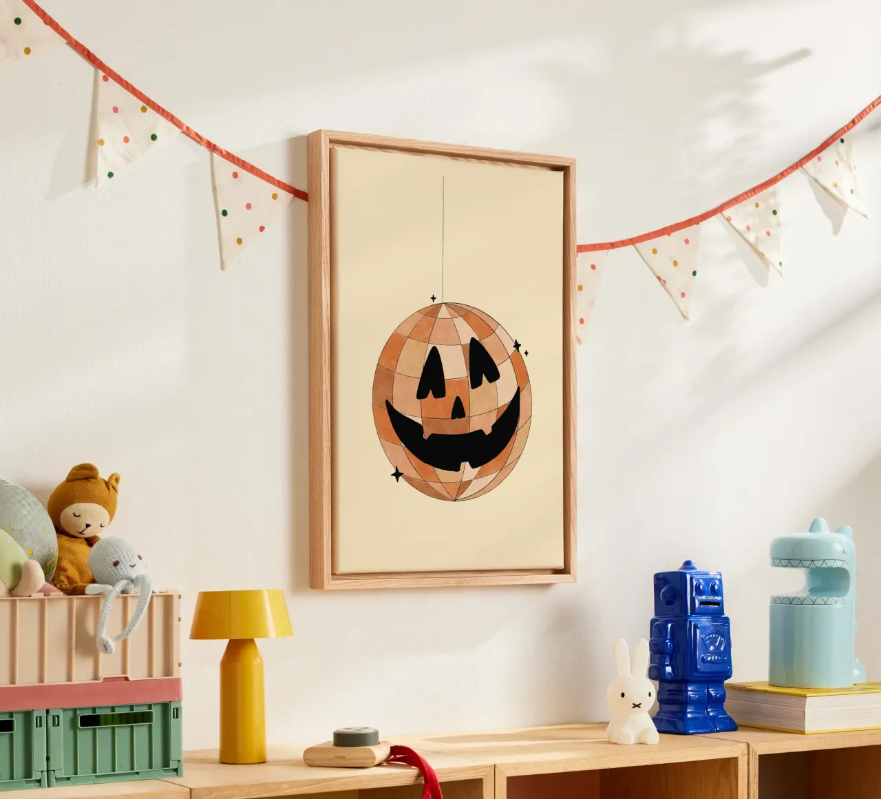 Jack-o'-Lantern Disco Ball, Trendy Halloween Art, Funky Fall canvas with Floater frame by vintagepod