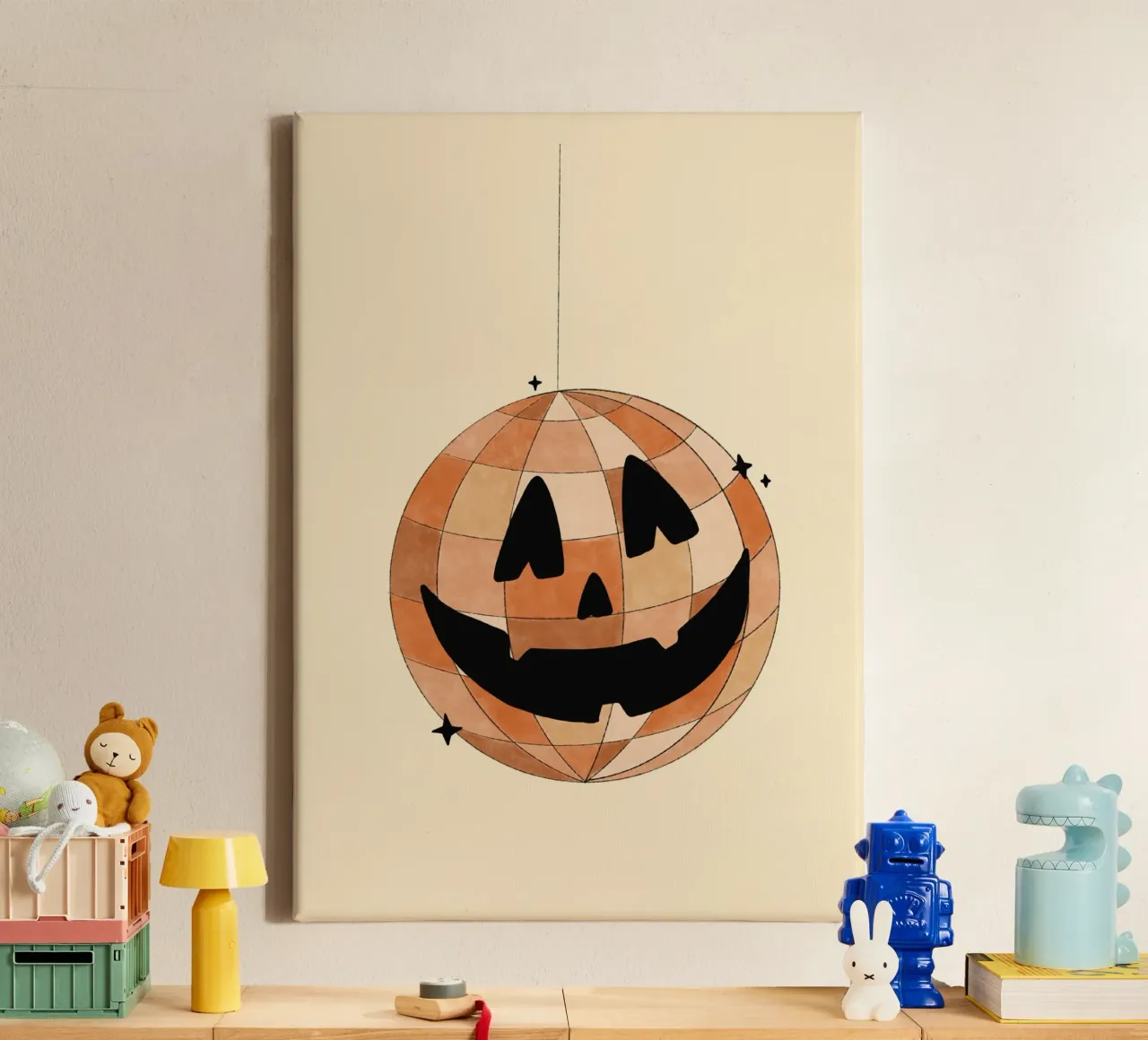 Jack-o'-Lantern Disco Ball, Trendy Halloween Art, Funky Fall canvas with Floater frame by vintagepod