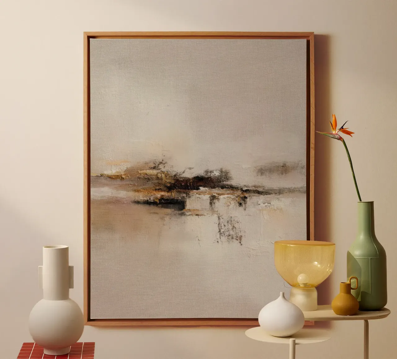Paesaggio astratto minimalista dipinto con toni neutri e caldi tela con Cornice a cassetta da Artbyvo
