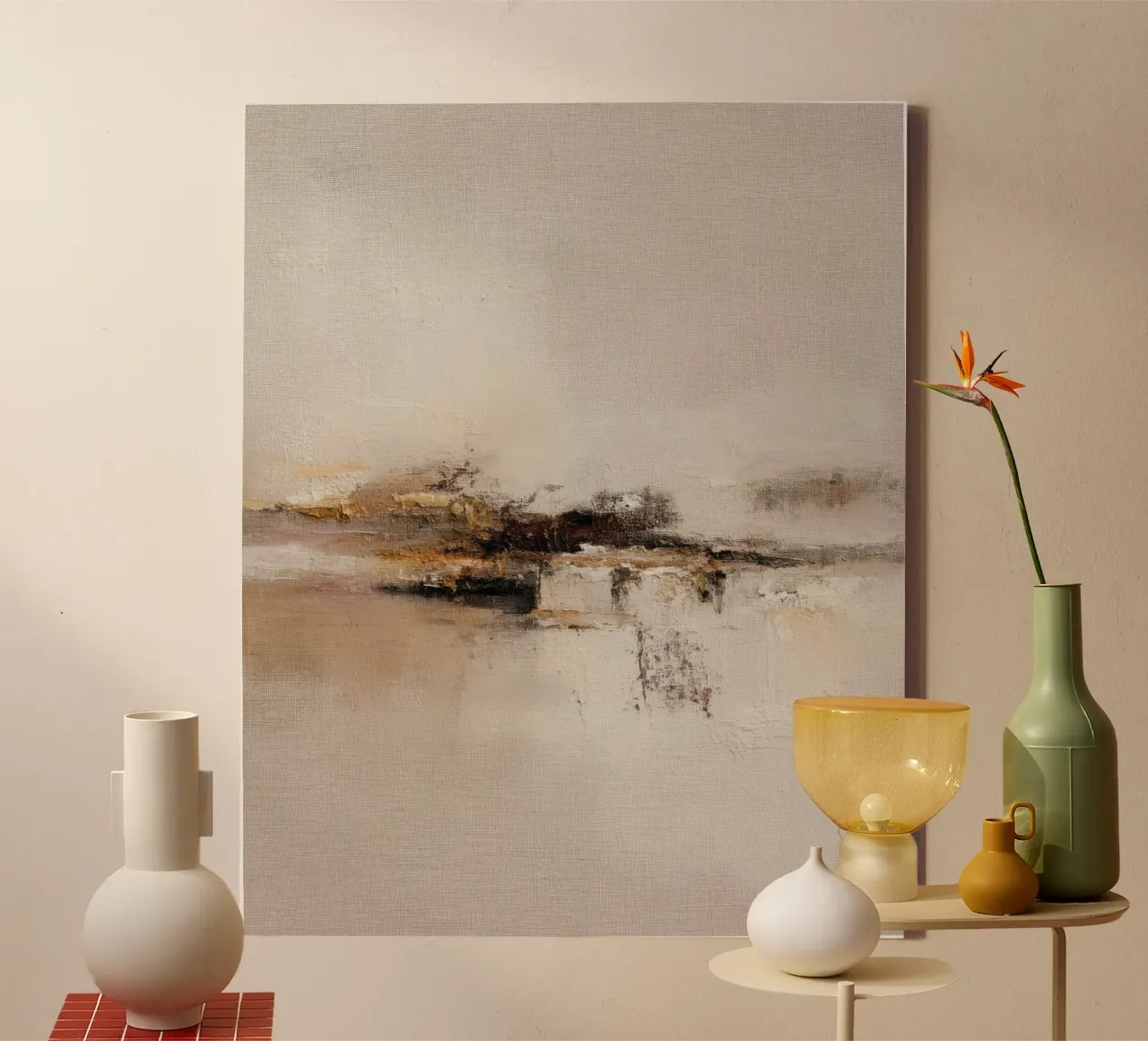 Paesaggio astratto minimalista dipinto con toni neutri e caldi tela con Cornice a cassetta da Artbyvo