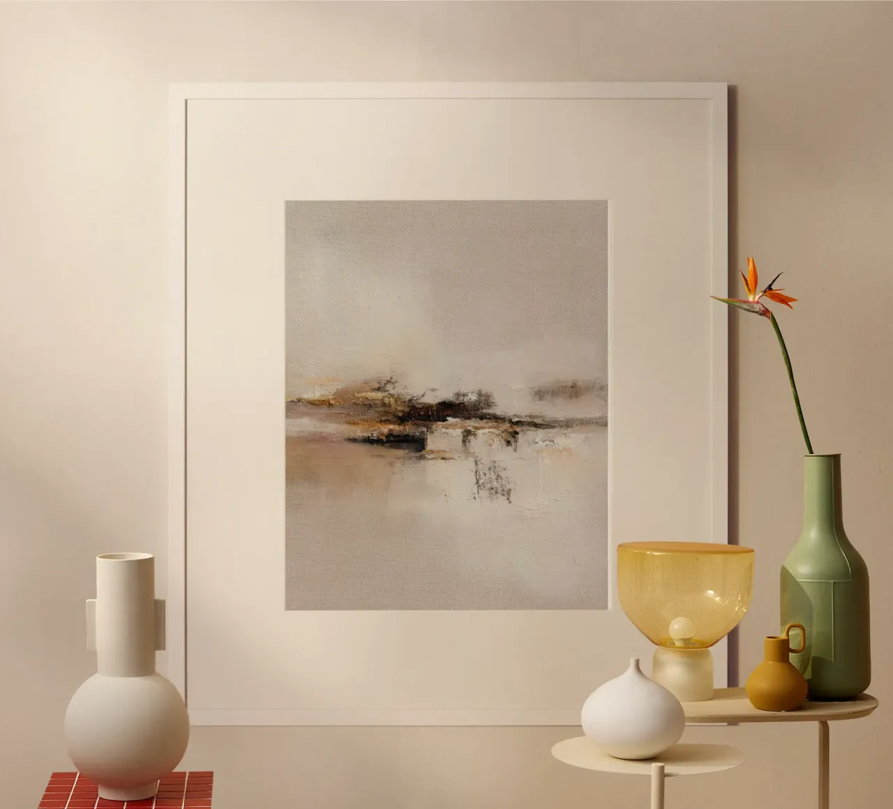 Peinture abstraite minimaliste de paysage dans des tons chauds et neutres poster de Artbyvo