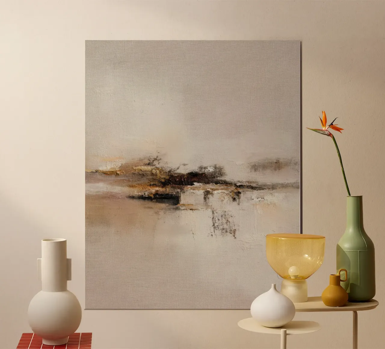 Peinture abstraite minimaliste de paysage dans des tons chauds et neutres poster de Artbyvo