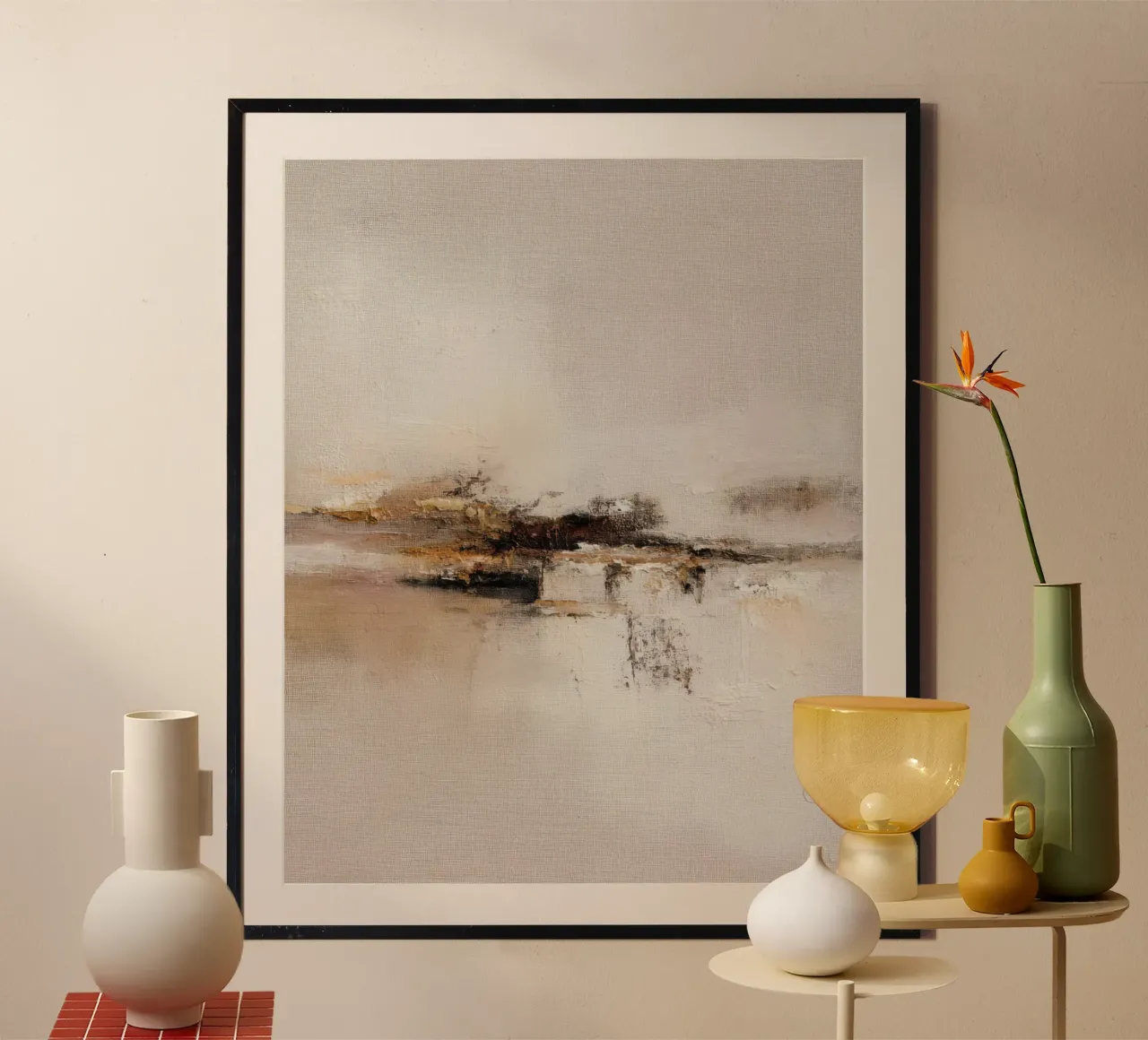 Peinture abstraite minimaliste de paysage dans des tons chauds et neutres poster de Artbyvo