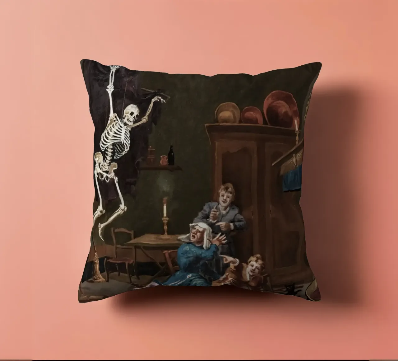 Il falso scheletro, dipinto d'epoca, interno gotico cuscino da vintagepod