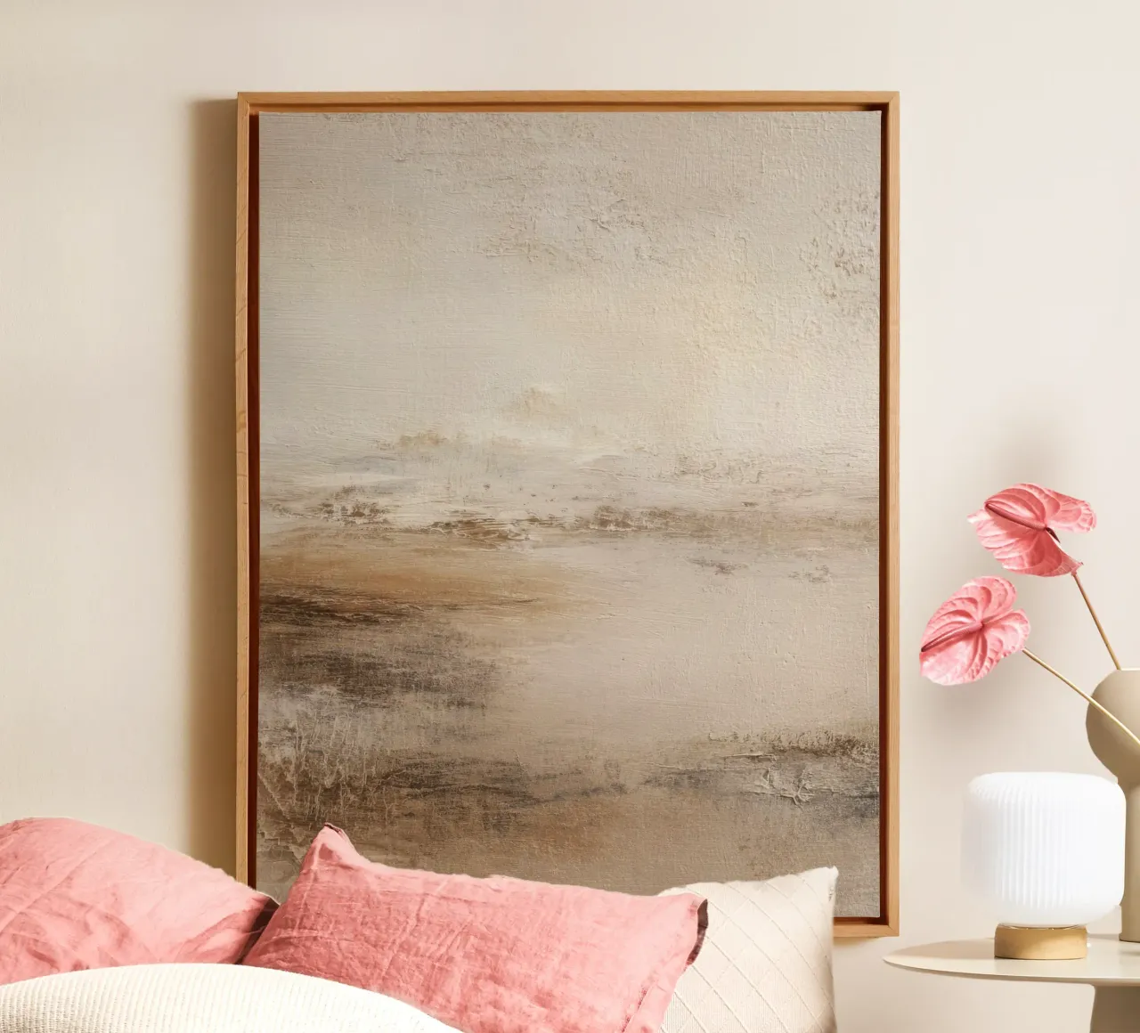 Paesaggio astratto minimalista dipinto in morbide tonalità terrose tela con Cornice a cassetta da Artbyvo