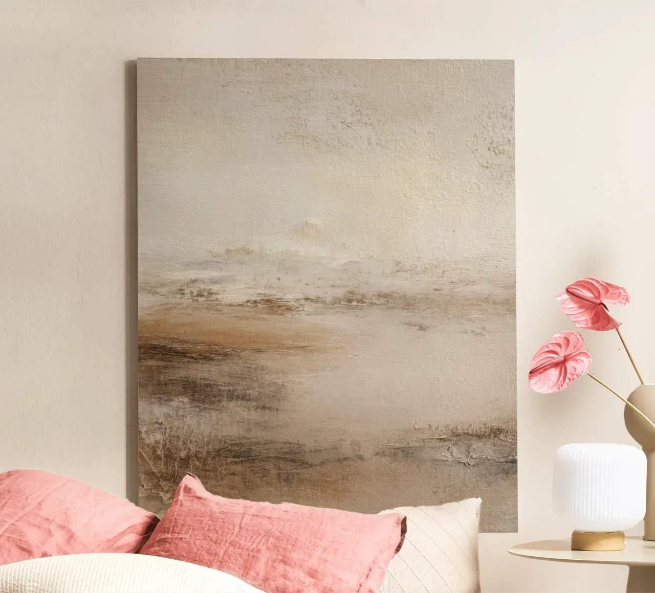 Paesaggio astratto minimalista dipinto in morbide tonalità terrose tela con Cornice a cassetta da Artbyvo