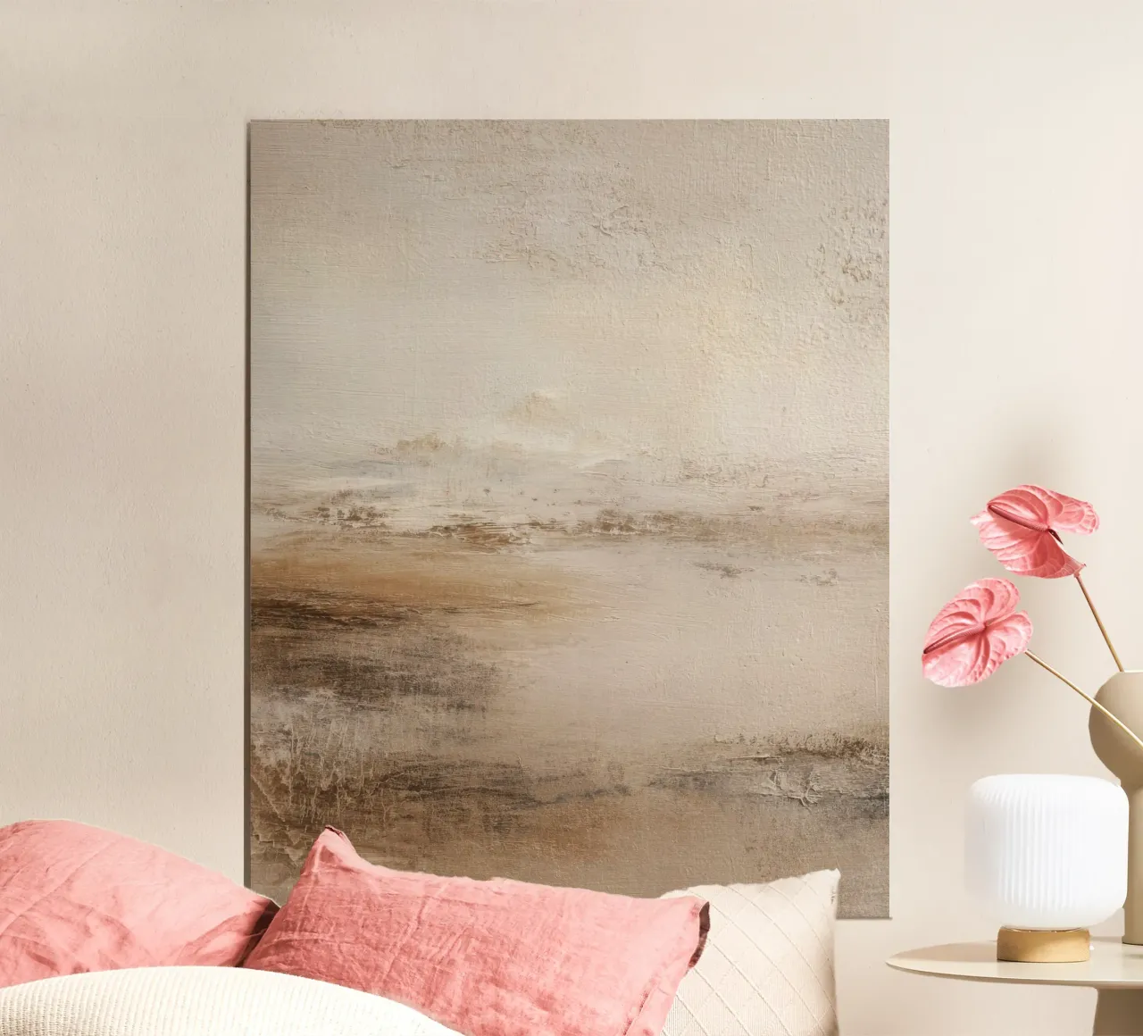 Paesaggio astratto minimalista dipinto in morbide tonalità terrose poster da Artbyvo