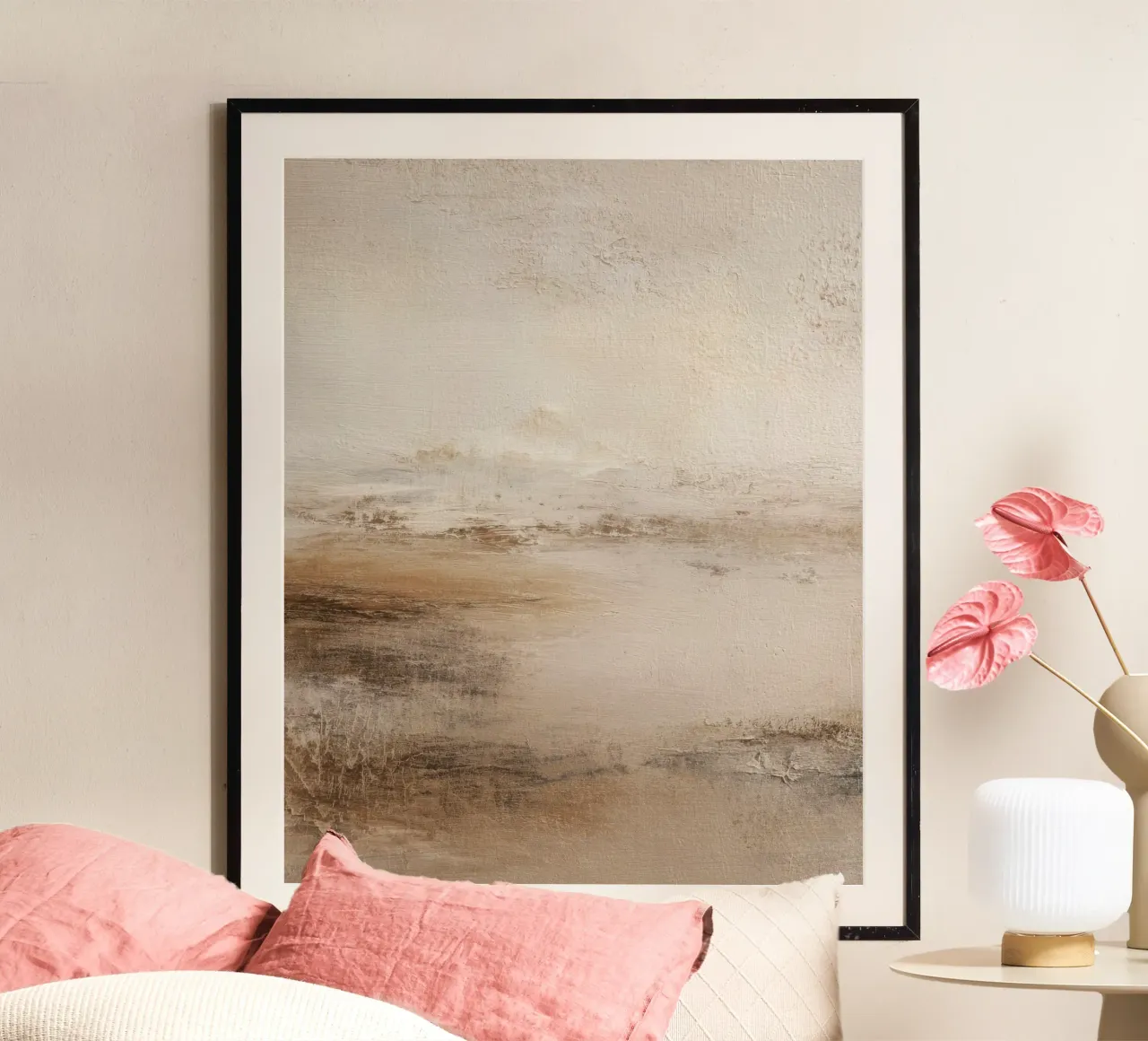 Paesaggio astratto minimalista dipinto in morbide tonalità terrose poster da Artbyvo