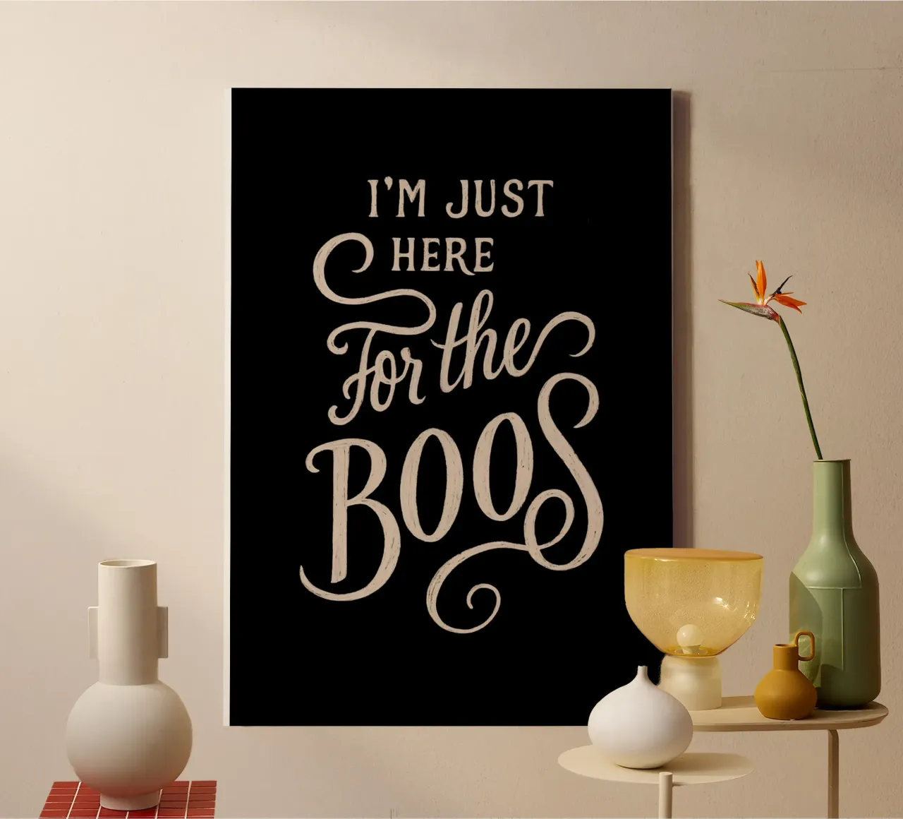 "Hier voor de Boe's" Poster, Grappige Halloween Kunst canvas met Baklijst van vintagepod