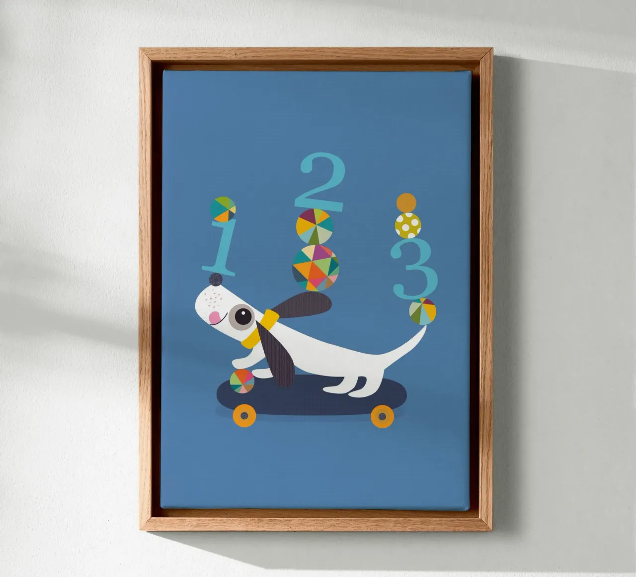 Cachorro juguetón en monopatín con números lienzo con Marco flotante de JaySan Studio