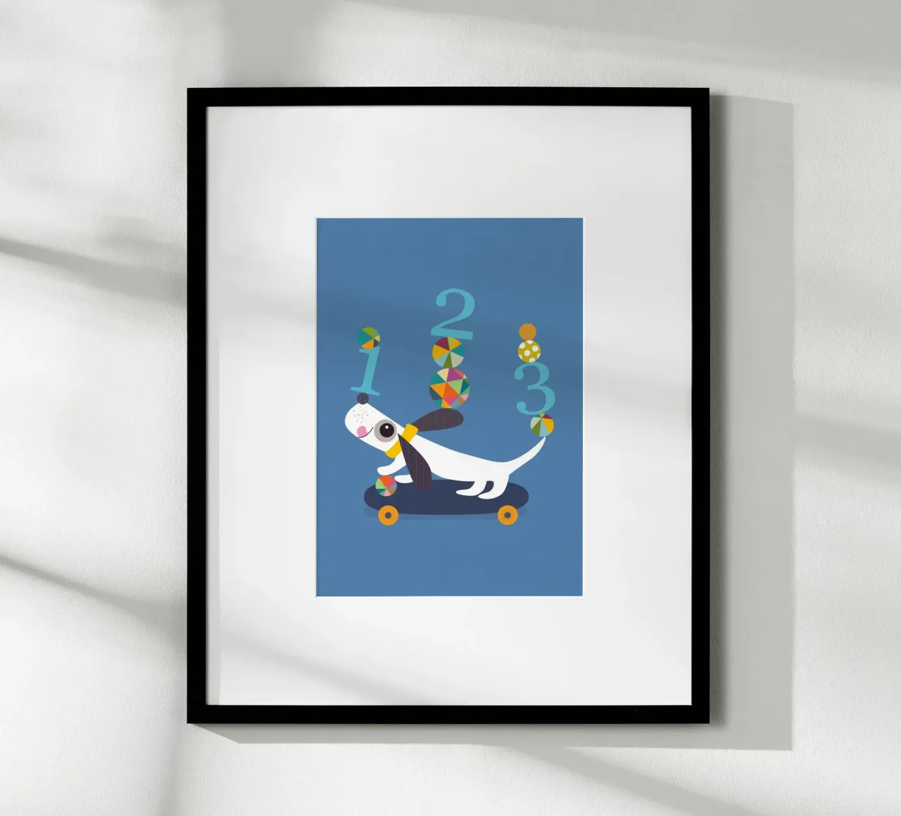 Cucciolo giocoso su uno skateboard con i numeri poster da JaySan Studio