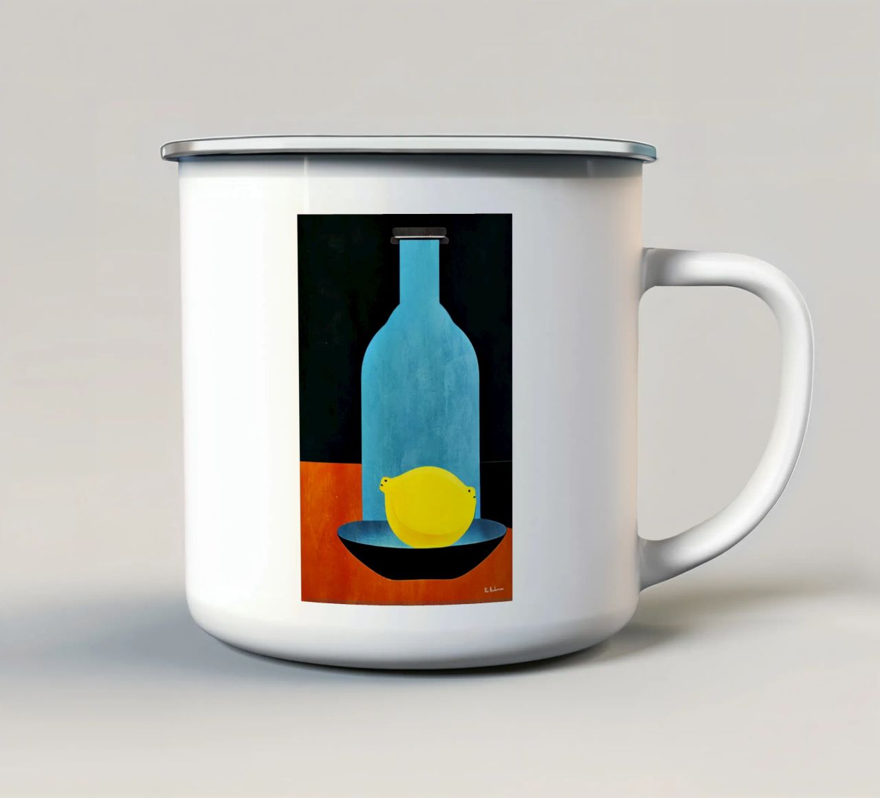 Blue Bottle With (Happy) Lemon emaille mok van Bo Anderson
