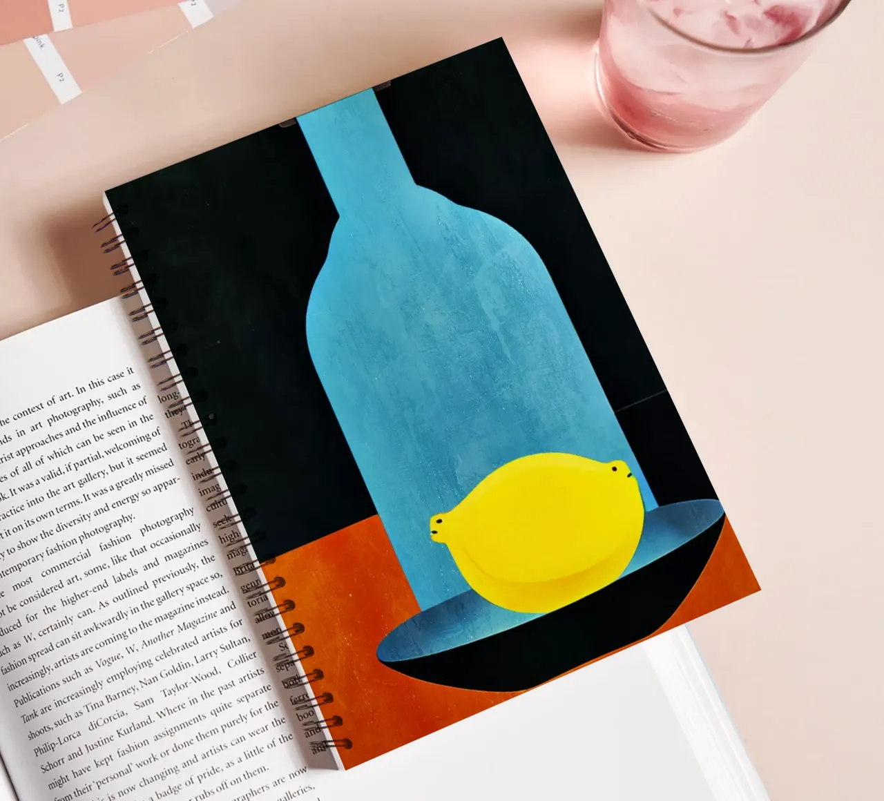 Blue Bottle With (Happy) Lemon spiral notebook by Bo Anderson
