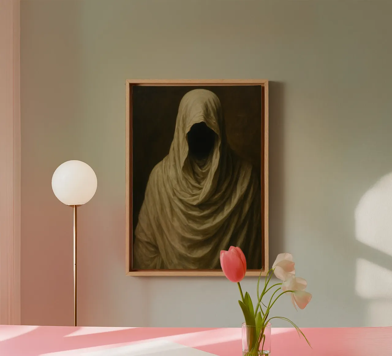 Het gezichtsloze spook, Dark Academia, Moody Muurkunst canvas met Baklijst van vintagepod