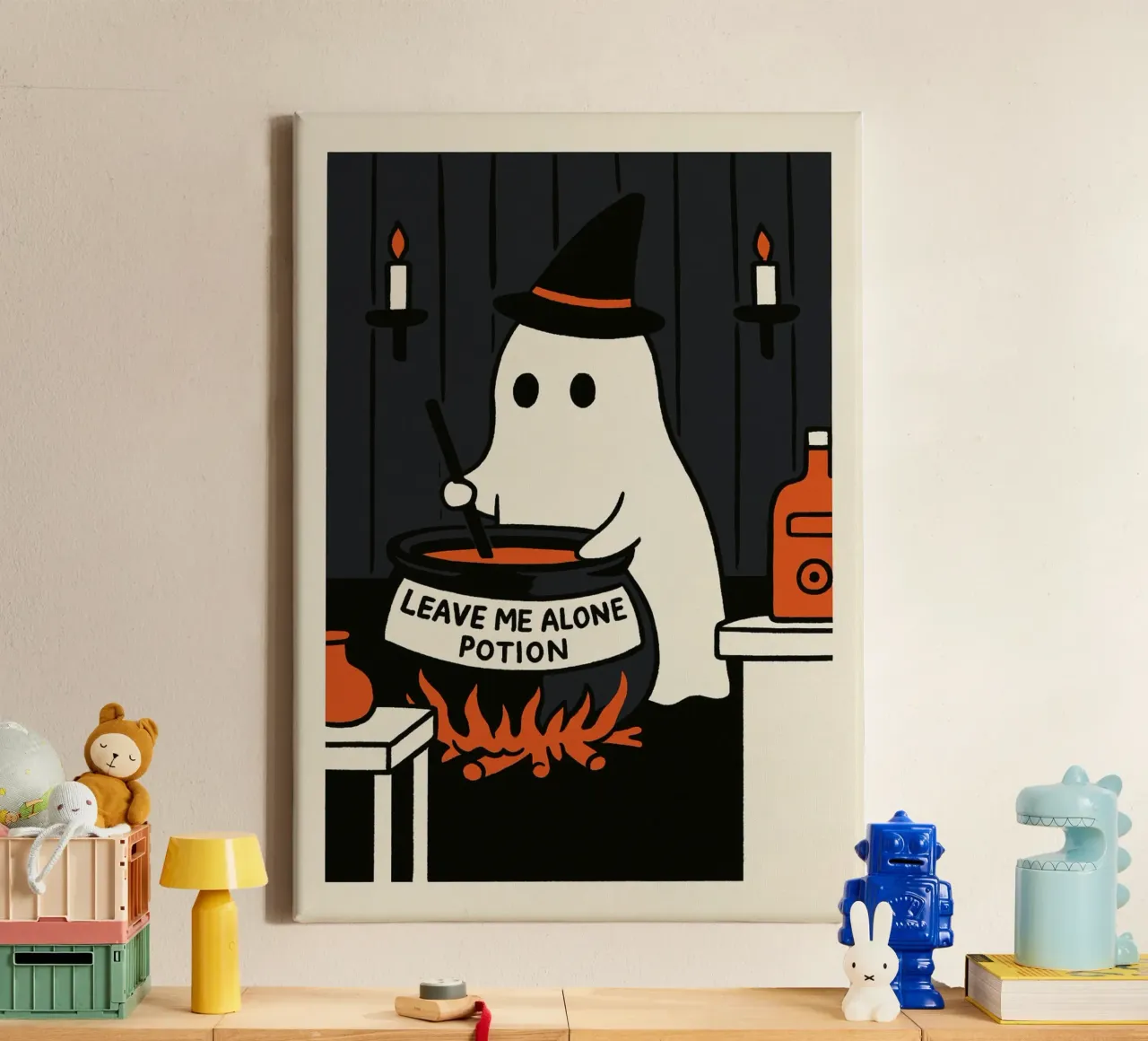 Niedliches Gespenst, "Lass mich in Ruhe" Trank-Kunst, gruselige Dekoration Leinwand mit Schattenfugenrahmen von vintagepod