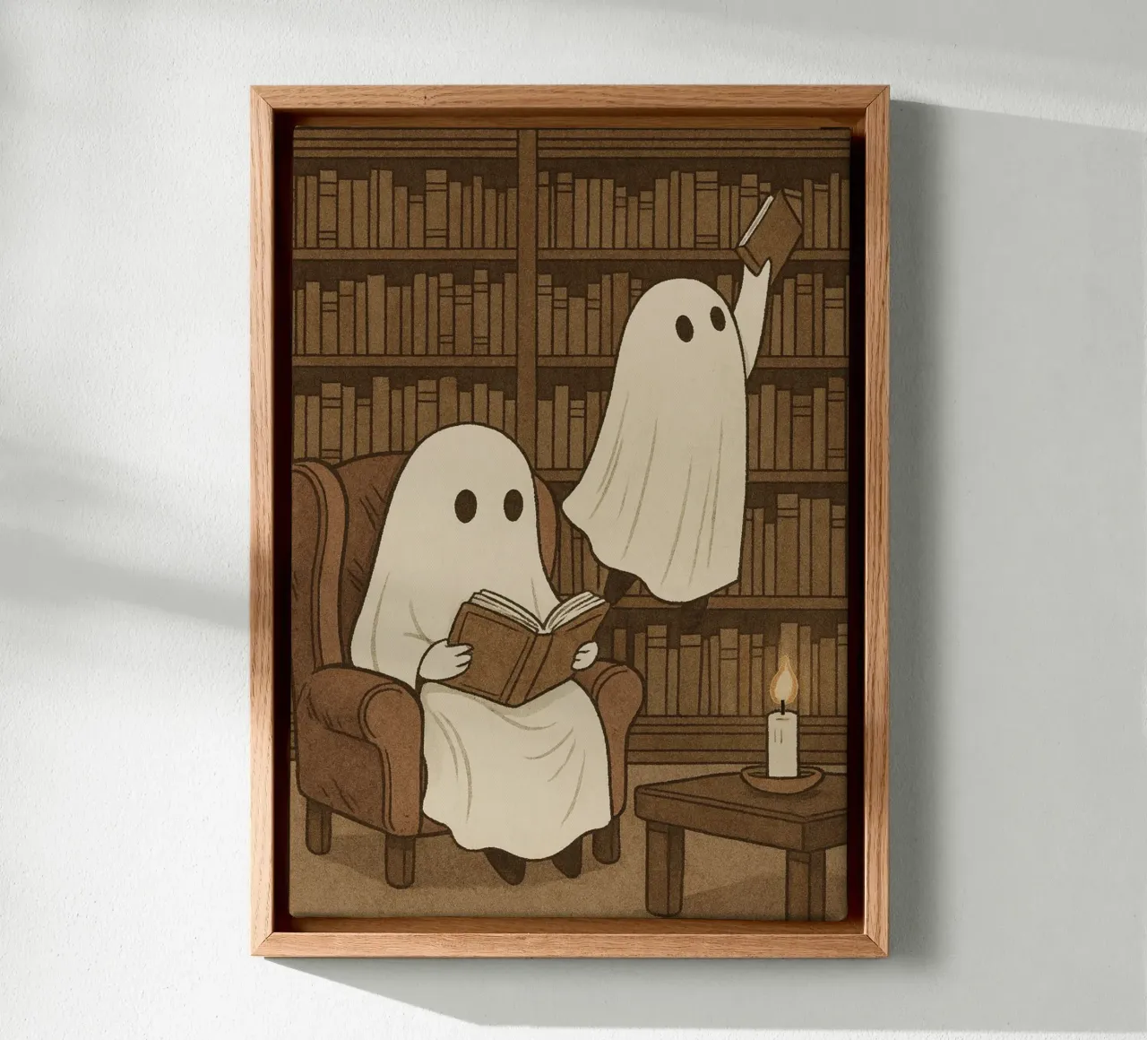 Schattige spoken in bibliotheek, Dark Academia, Gezellige kunst canvas met Baklijst van vintagepod