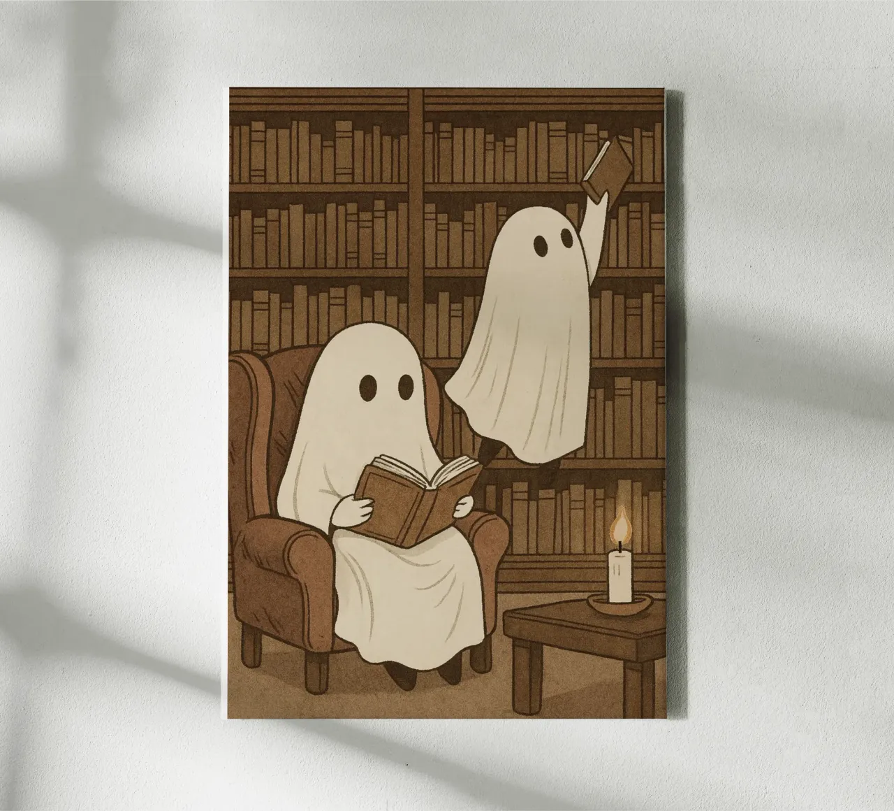 Schattige spoken in bibliotheek, Dark Academia, Gezellige kunst canvas met Baklijst van vintagepod