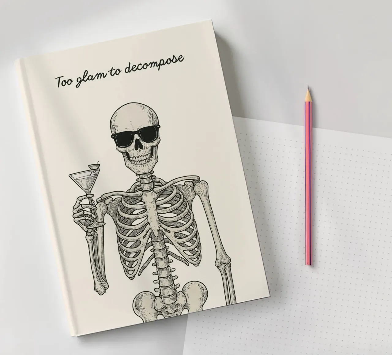 Skeleton "Too Glam to Decompose" Poster, Trendy Art notebook by vintagepod