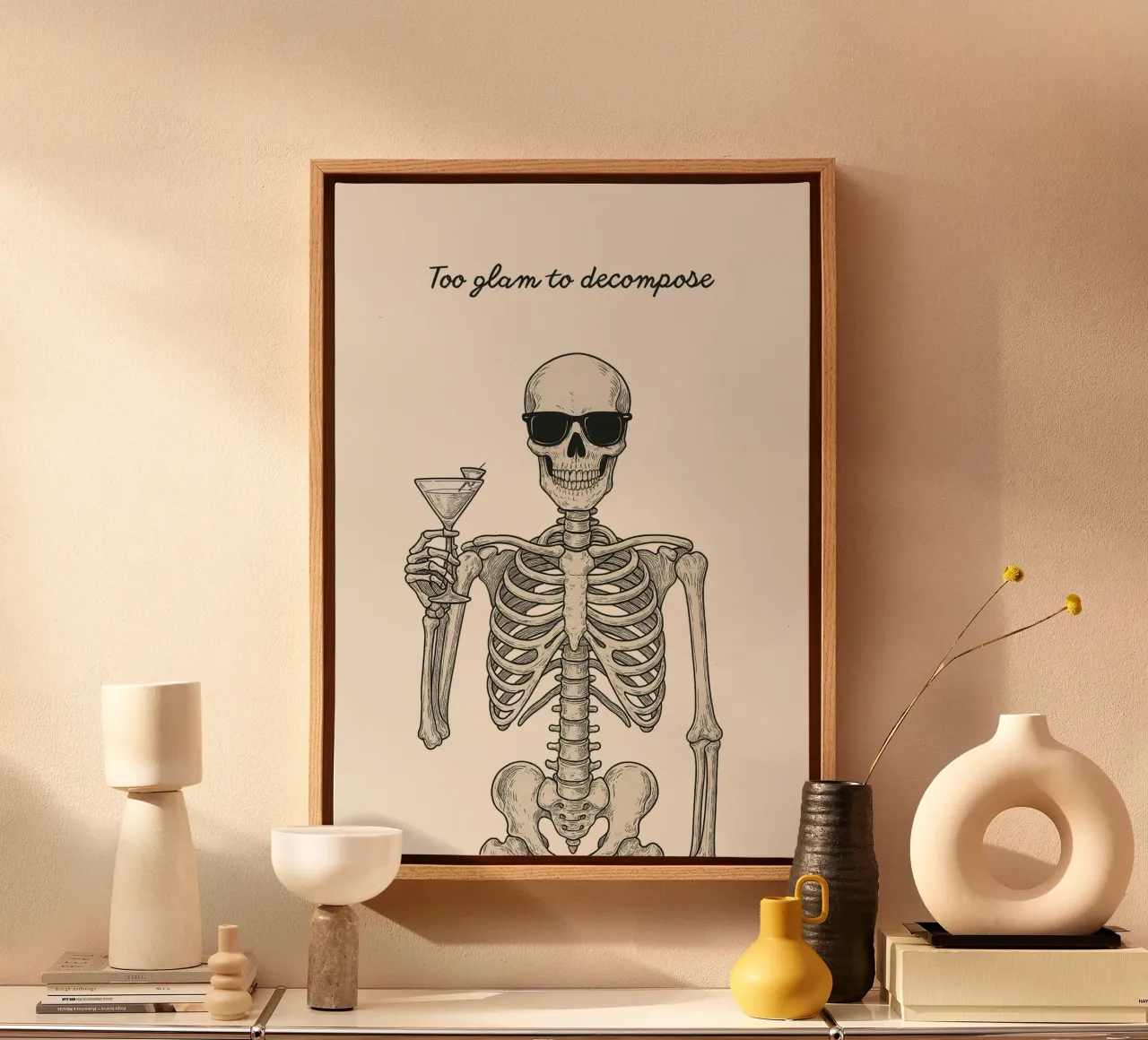 Skelet "Too Glam to Decompose" Poster, Trendy Art canvas met Baklijst van vintagepod