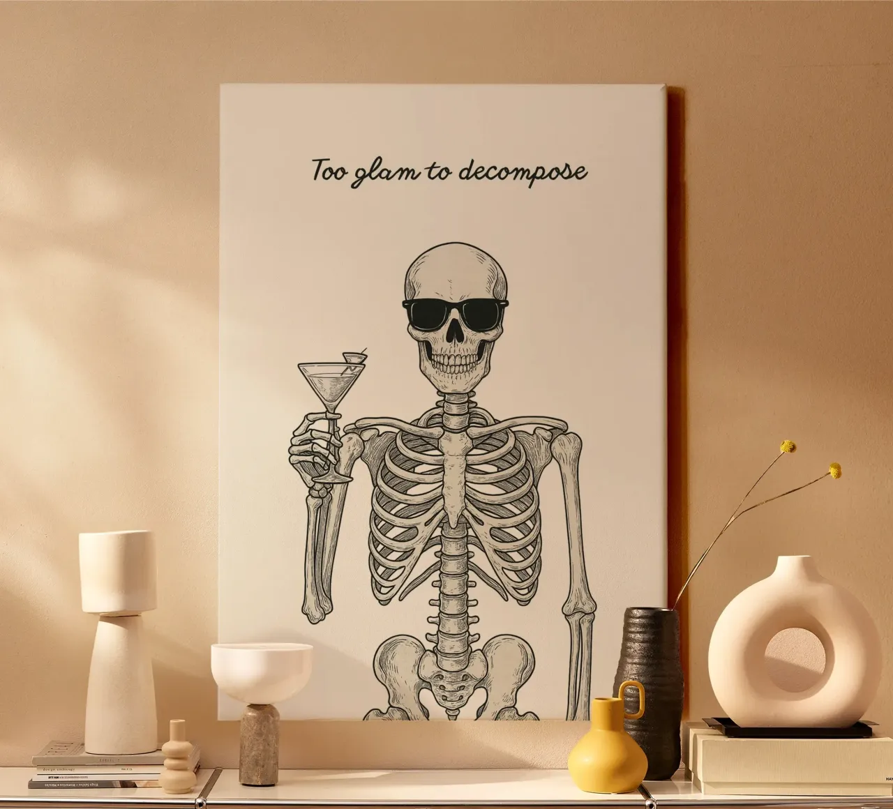 Skelet "Too Glam to Decompose" Poster, Trendy Art canvas met Baklijst van vintagepod