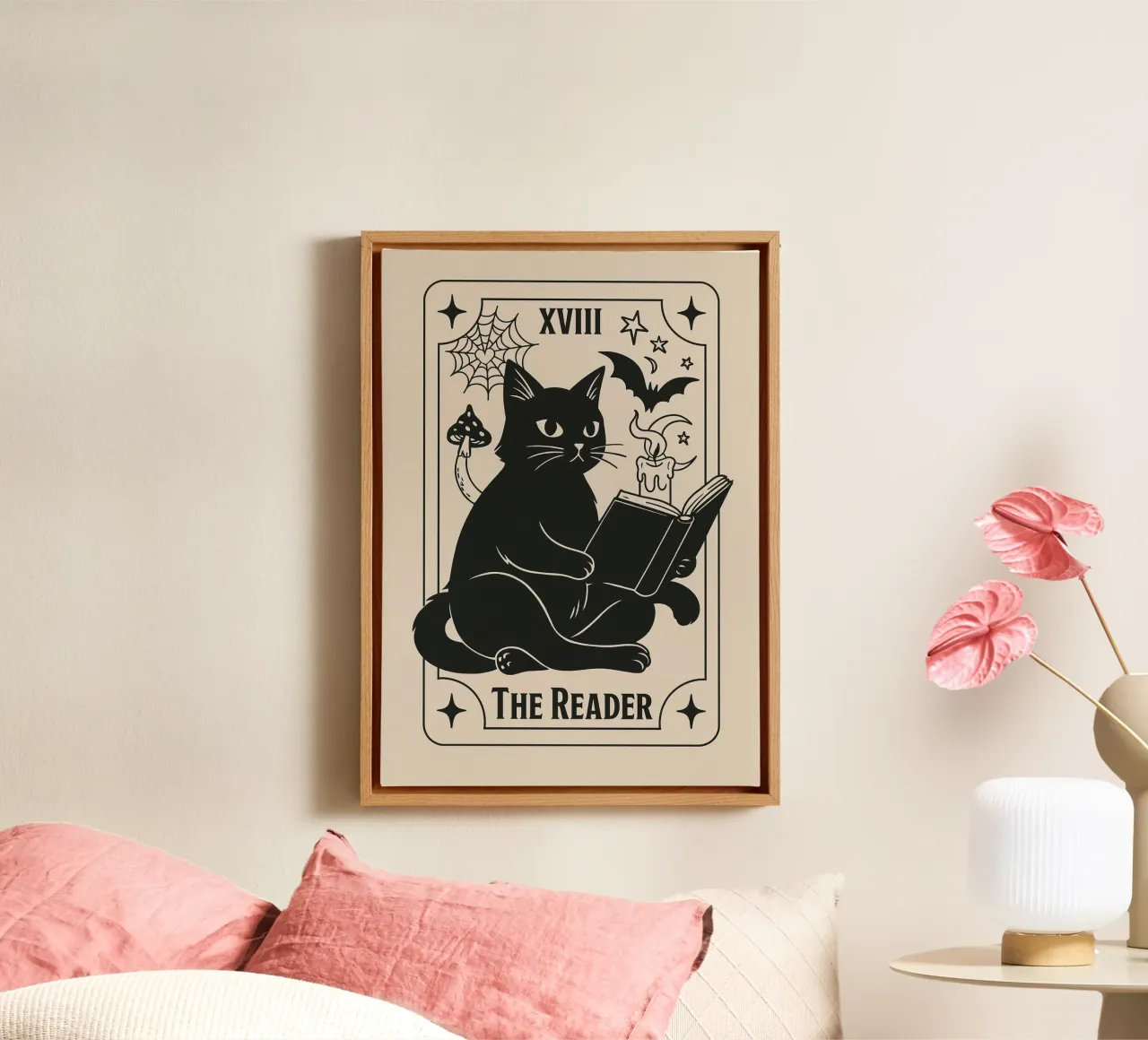 The Reader Tarot Card, Cute Black Cat, Witchy Art canvas with Floater frame by vintagepod