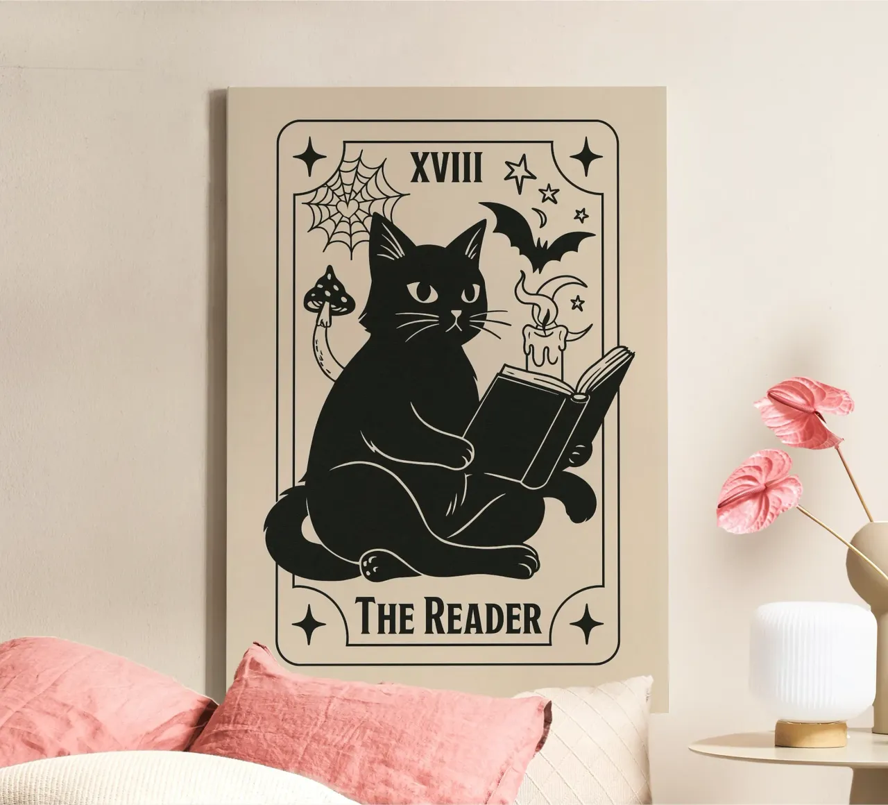 The Reader Tarot Card, Cute Black Cat, Witchy Art canvas with Floater frame by vintagepod