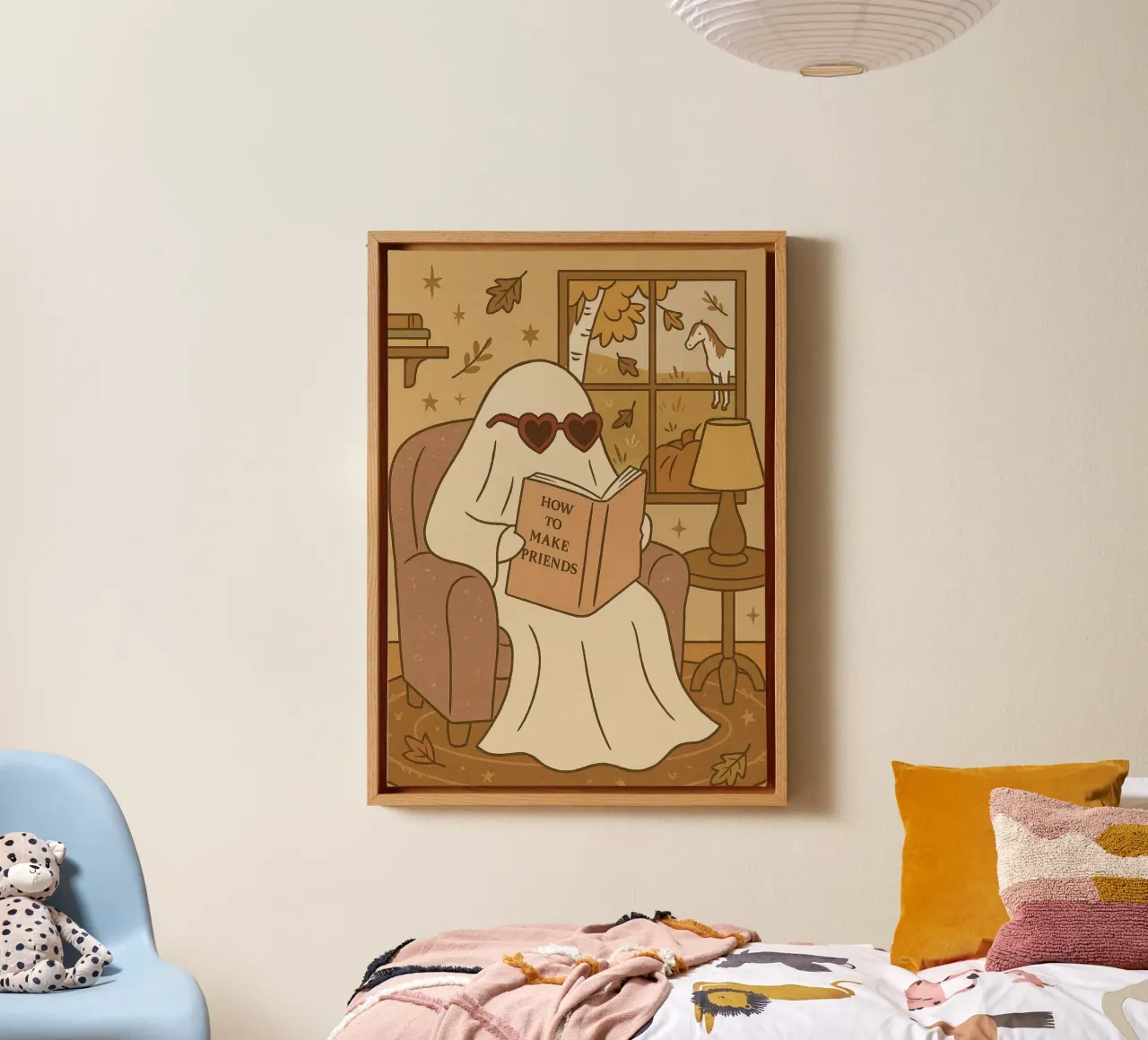 Cute Ghost Reading, "How to Make Friends" Art, Cozy Decor canvas with Floater frame by vintagepod