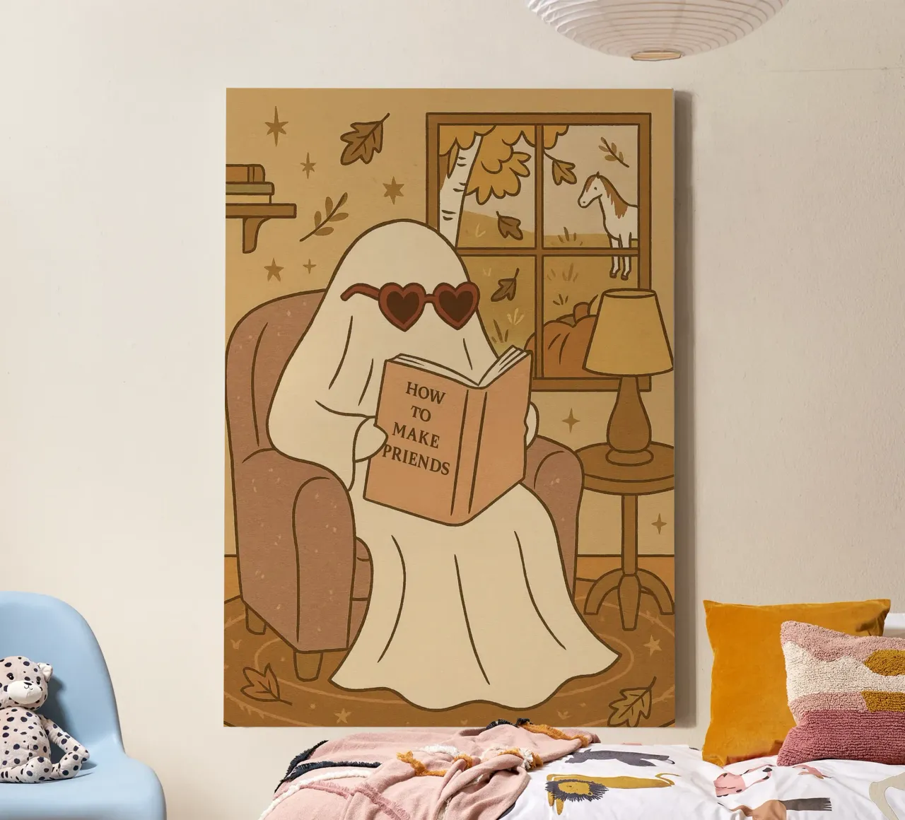 Cute Ghost Reading, "How to Make Friends" Art, Cozy Decor canvas with Floater frame by vintagepod