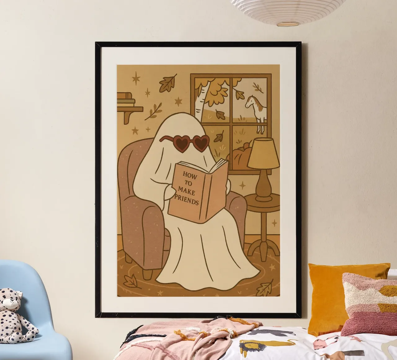 Lecture fantôme mignonne, art "Comment se faire des amis", décoration douillette poster avec cadre en aluminium de vintagepod