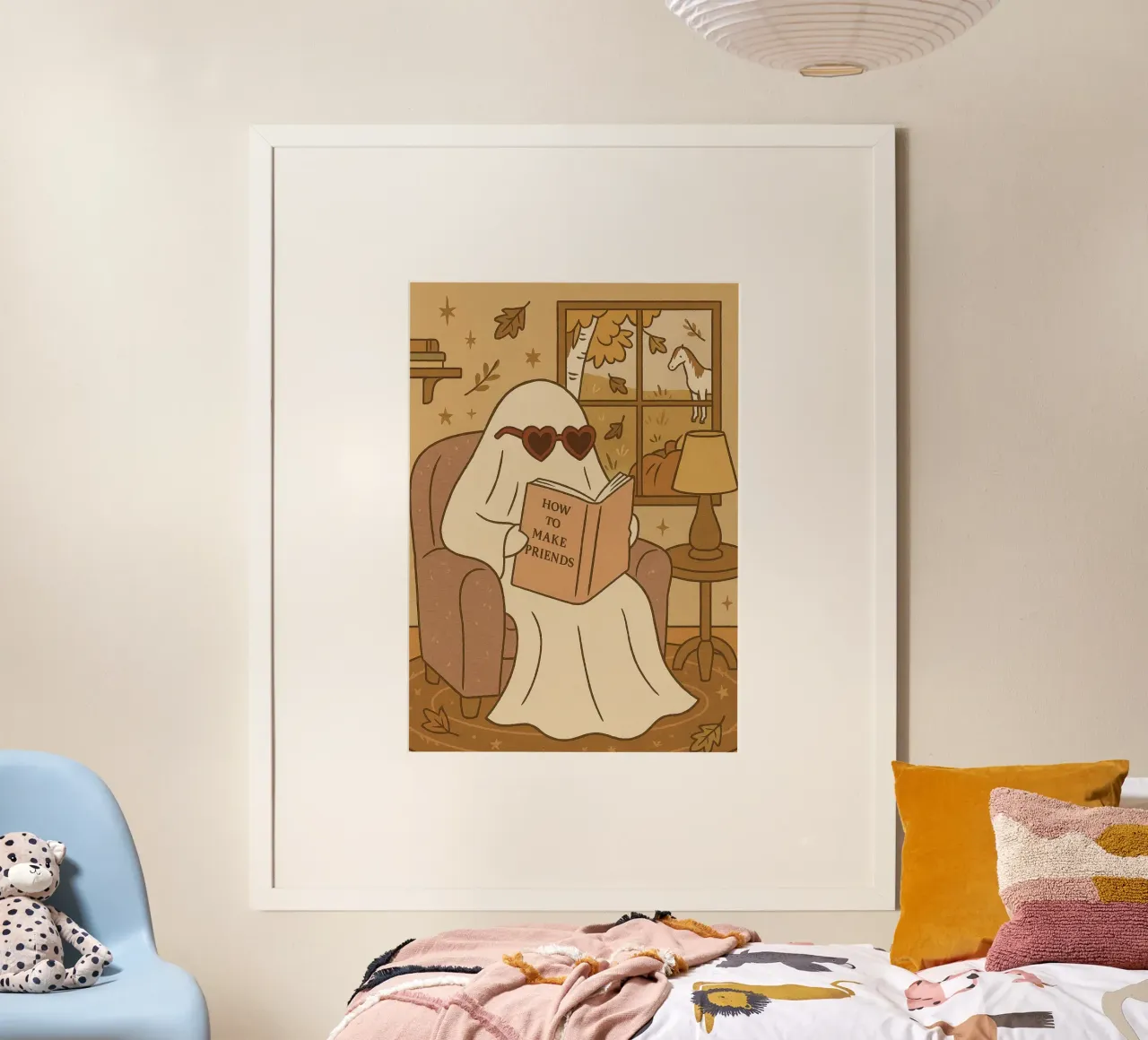 Lecture fantôme mignonne, art "Comment se faire des amis", décoration douillette poster avec cadre en aluminium de vintagepod