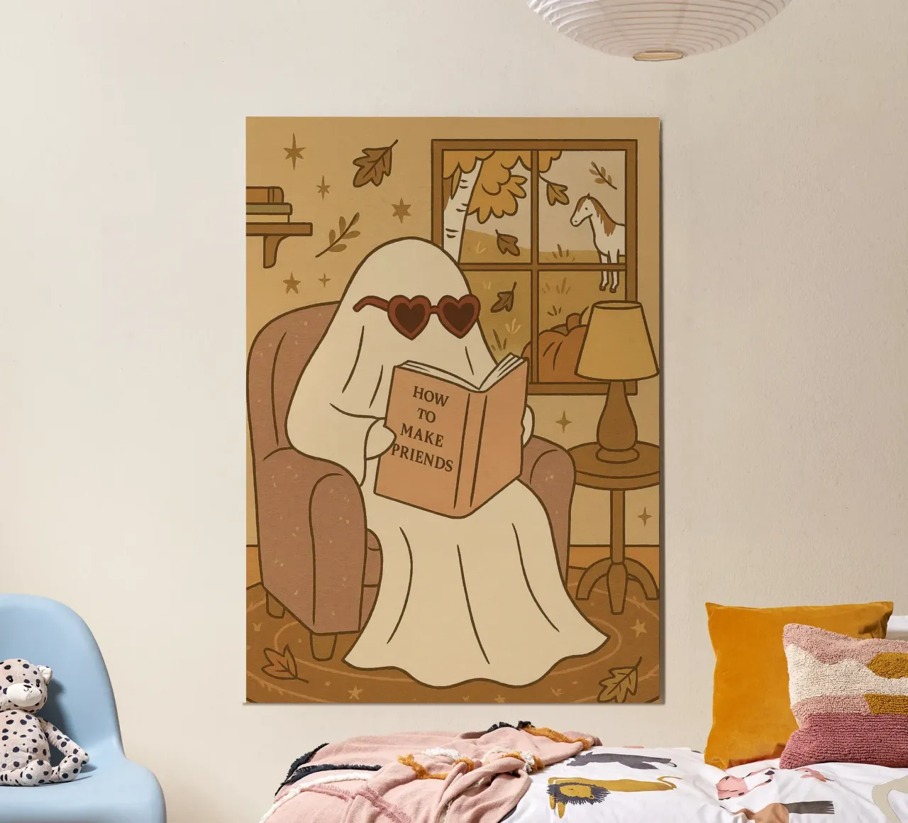 Lecture fantôme mignonne, art "Comment se faire des amis", décoration douillette poster avec cadre en aluminium de vintagepod