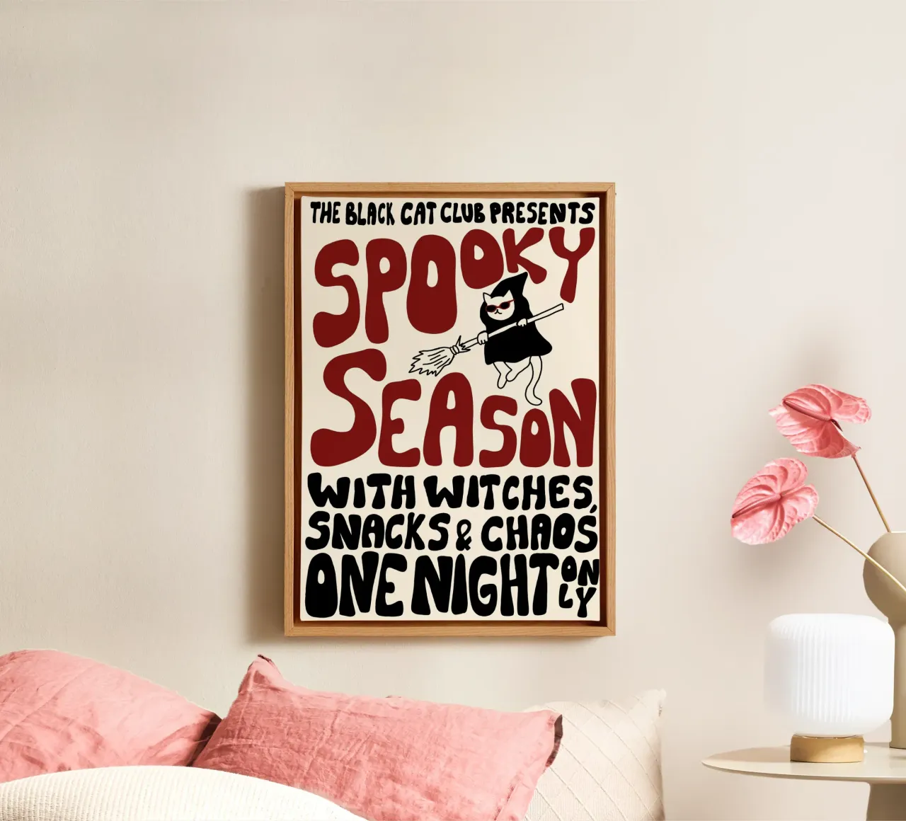 Gatto "Spooky Season", manifesto per feste stregate, arte groovy tela con Cornice a cassetta da vintagepod