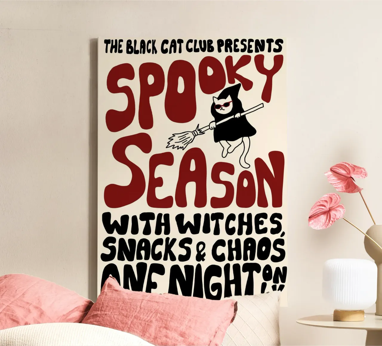 Gatto "Spooky Season", manifesto per feste stregate, arte groovy tela con Cornice a cassetta da vintagepod
