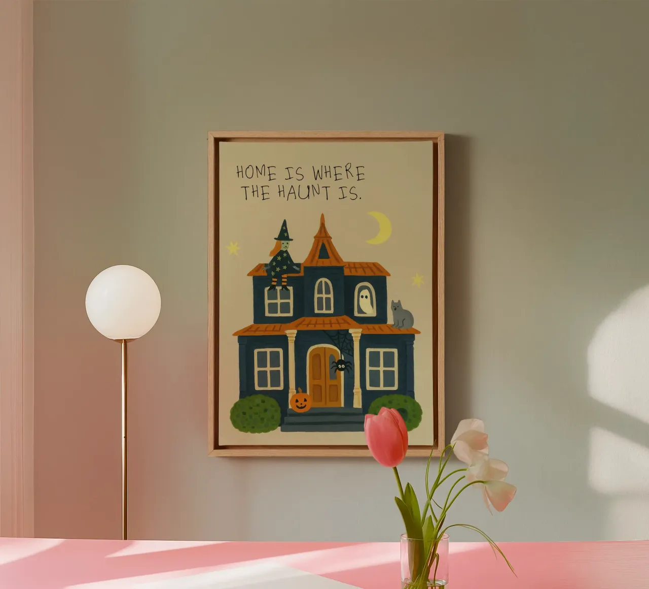 "Thuis is waar het spookt Huis, griezelige kunst canvas met Baklijst van vintagepod