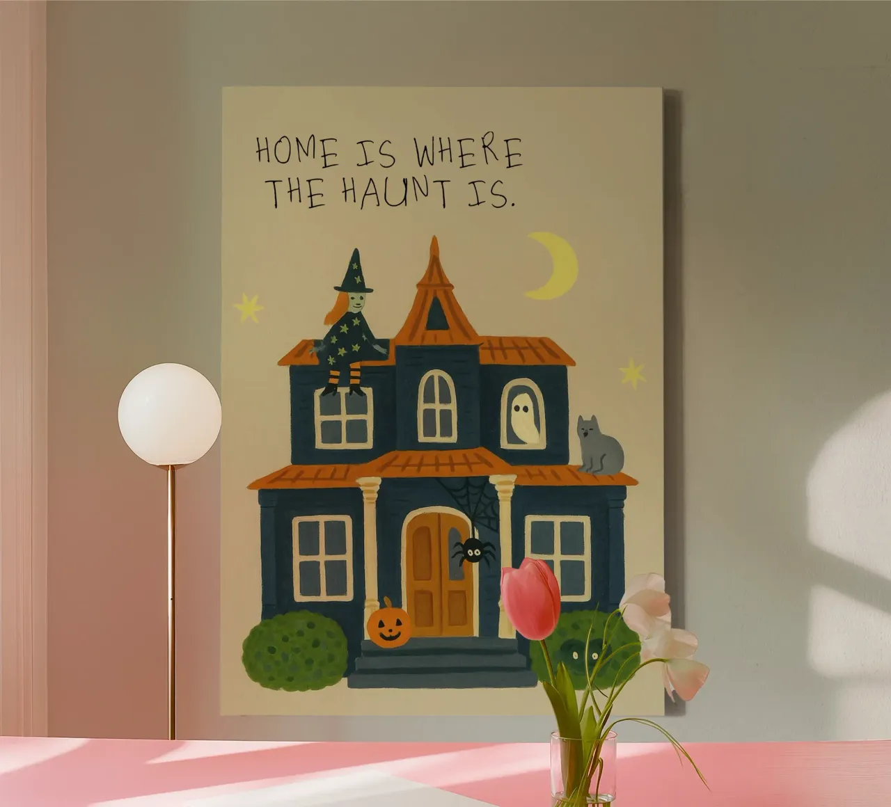 "Thuis is waar het spookt Huis, griezelige kunst canvas met Baklijst van vintagepod