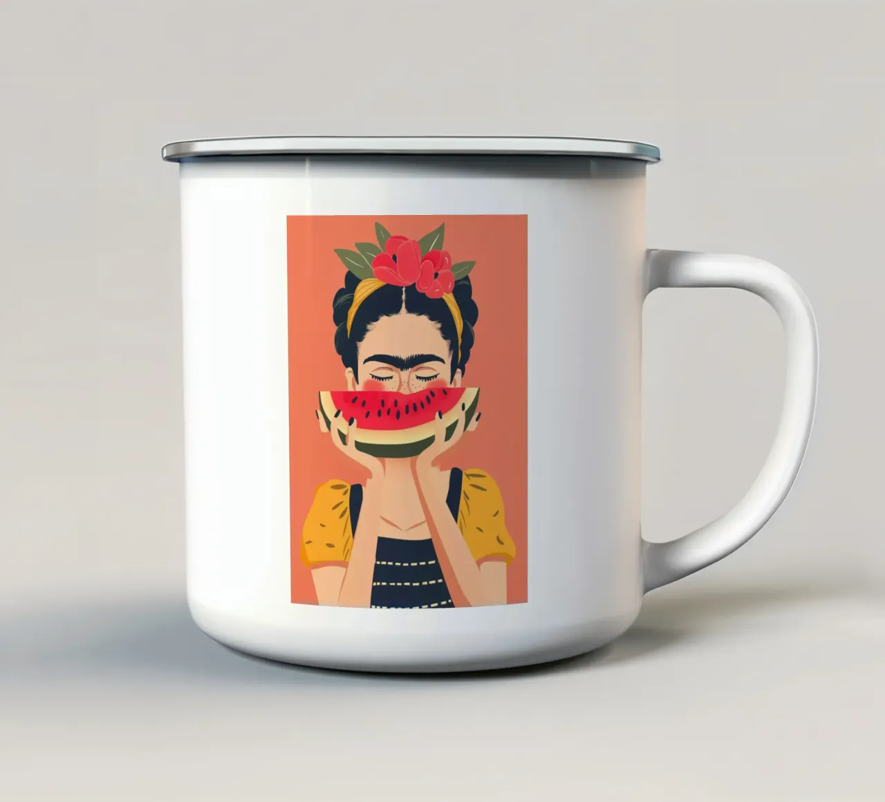 Frida con anguria pop art tazza in smalto da Autofocus