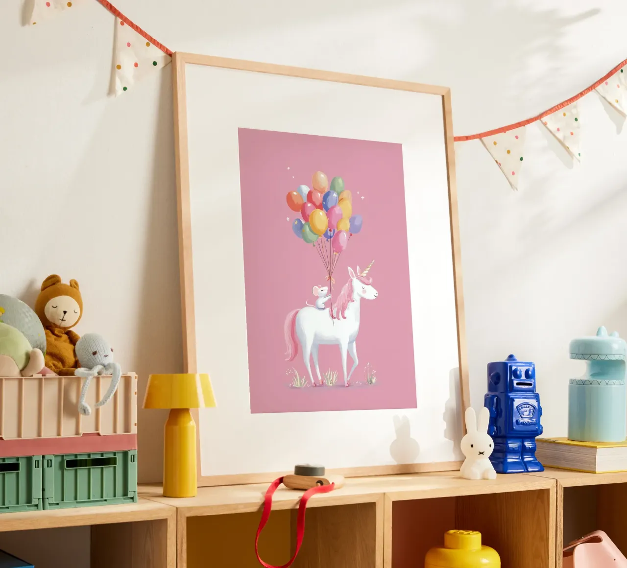 Mouse & Unicorn Adventure poster con telaio in alluminio da Kiara