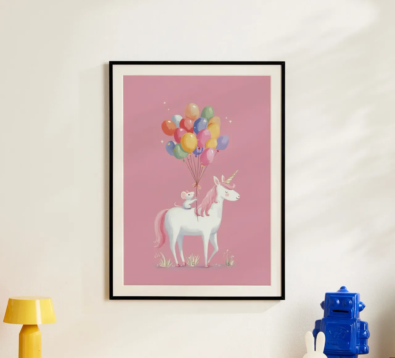 Mouse & Unicorn Adventure poster con telaio in alluminio da Kiara