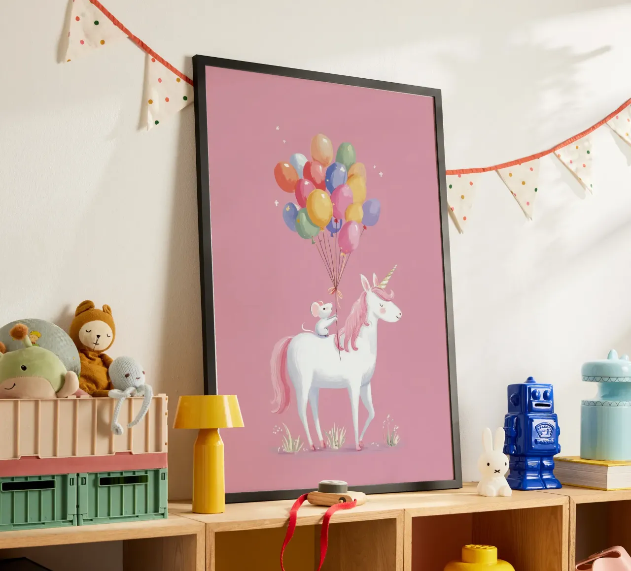 Mouse & Unicorn Adventure poster con telaio in alluminio da Kiara