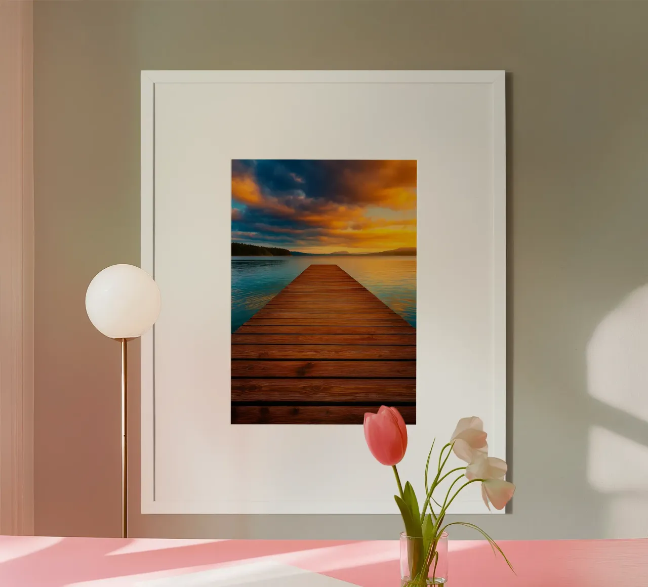 pontile in legno panorama del lago poster con telaio in alluminio da chinerei