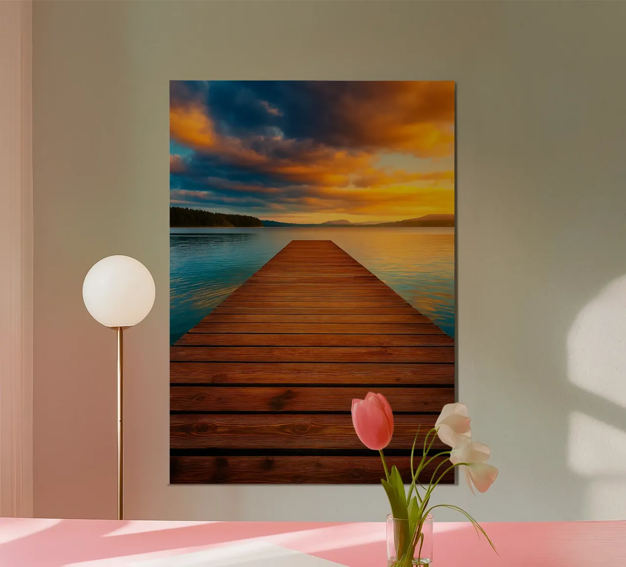 pontile in legno panorama del lago poster con telaio in alluminio da chinerei