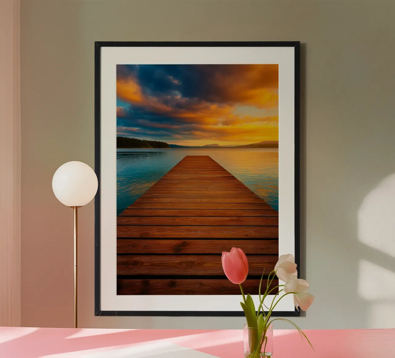pontile in legno panorama del lago poster con telaio in alluminio da chinerei