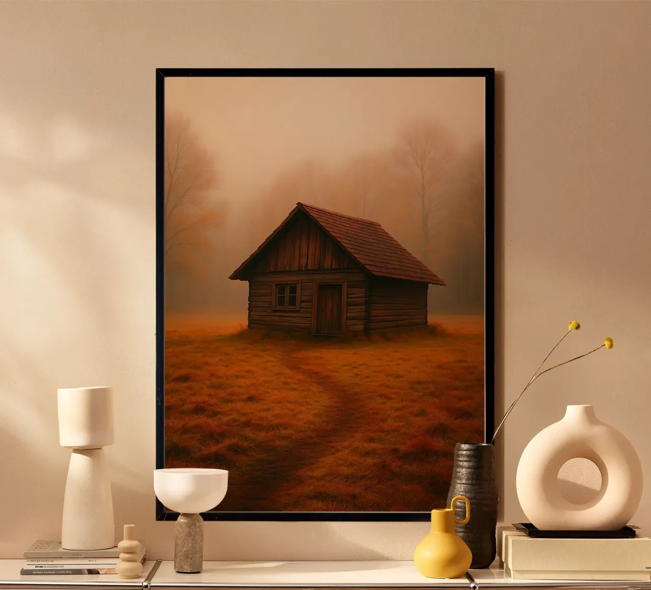 casa di legno nella foresta poster con telaio in plastica da chinerei