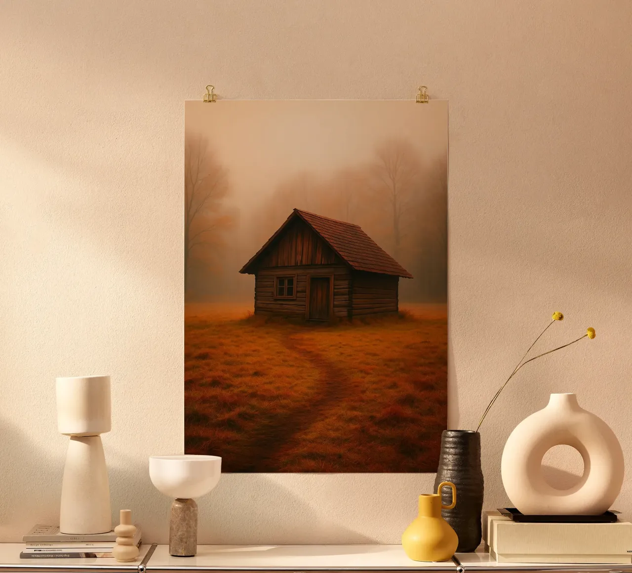 casa di legno nella foresta poster con telaio in plastica da chinerei