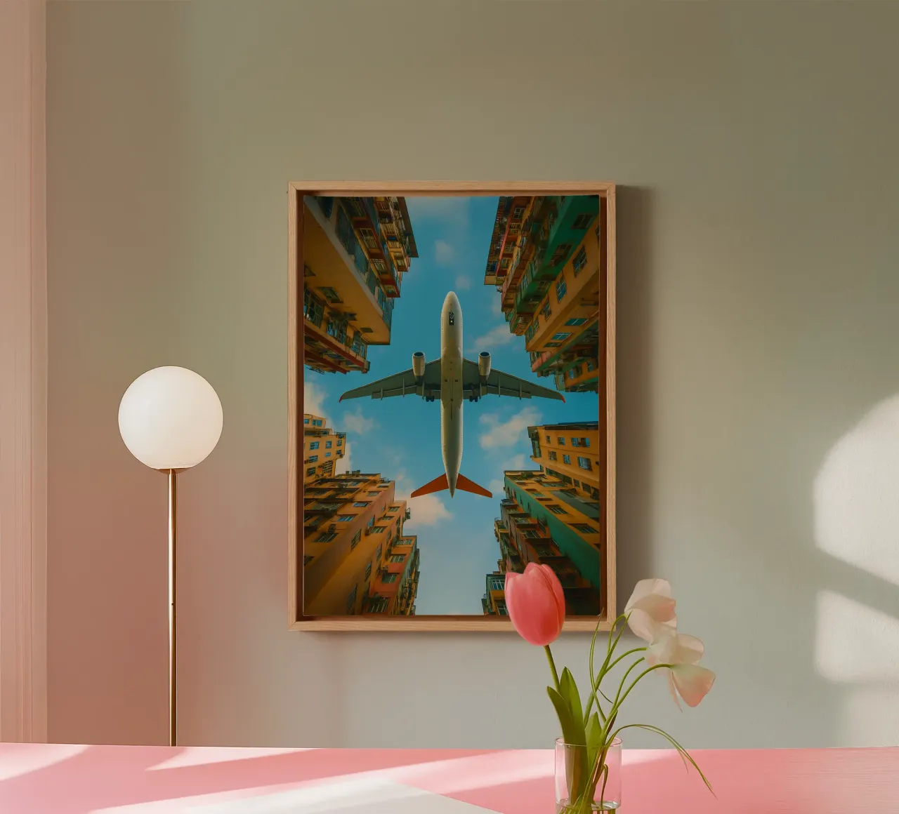 vliegtuigen van onder gebouwen bekijk fotografie canvas met Baklijst van landtengs