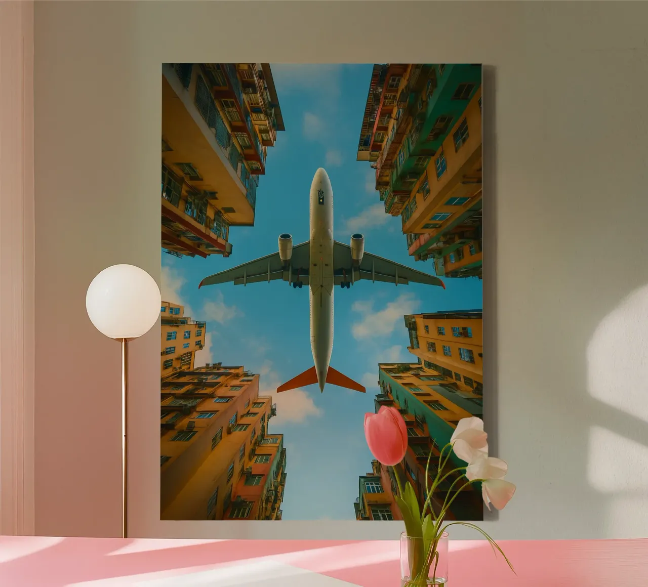 vliegtuigen van onder gebouwen bekijk fotografie canvas met Baklijst van landtengs