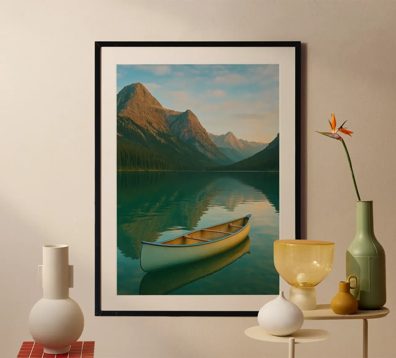 Canoa sul lago Mountain vista fotografia poster da landtengs
