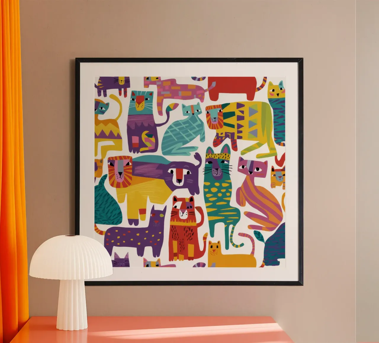 Mosaico di gatti colorati poster con telaio in alluminio da Frame Aura
